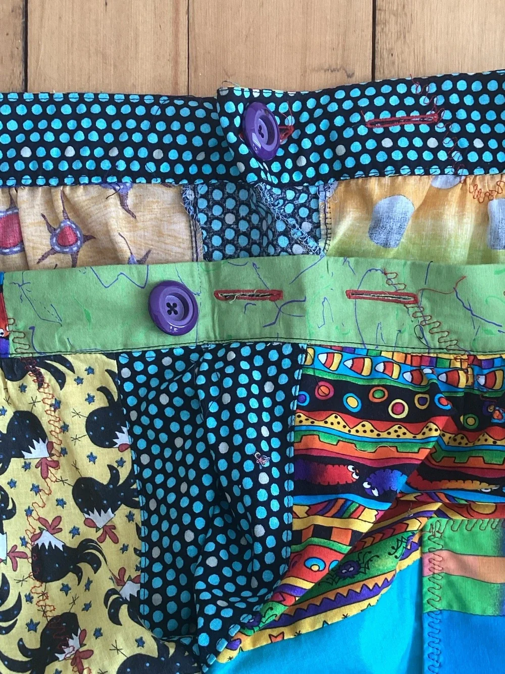 Upcycle Annie patchwork side /front pocket cotton tiered ruffle midi skirt. M-L